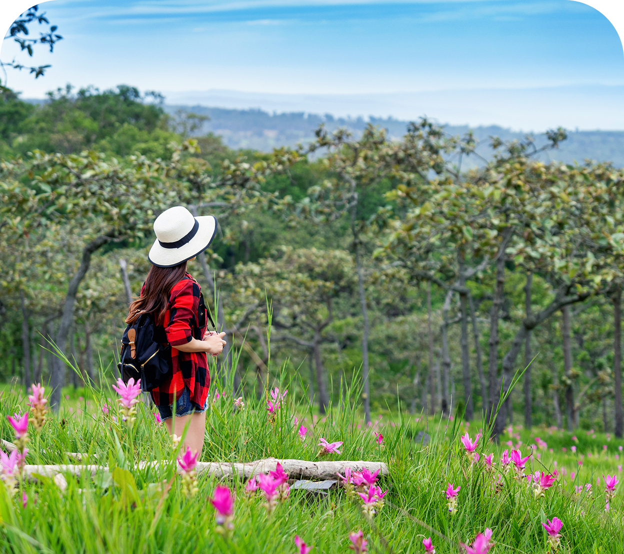 woman traveler with backpack enjoying krachiew flower field thailand travel concept e1758693026457