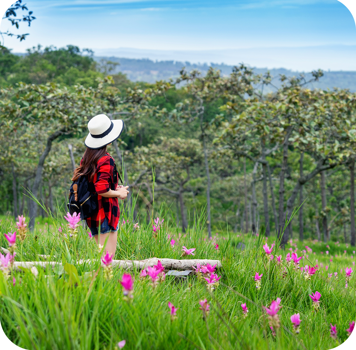 woman traveler with backpack enjoying krachiew flower field thailand travel concept e1758694309708